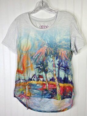 Leoma Lovegrove Shirt Womens Medium Tropical Art Coastal Tunic Top Resort Boho